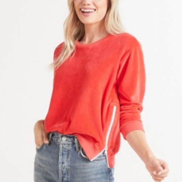 Sundry X Evereve bright salmon coral velour side-hem zip pullover sweatshirt XS - Picture 1 of 15